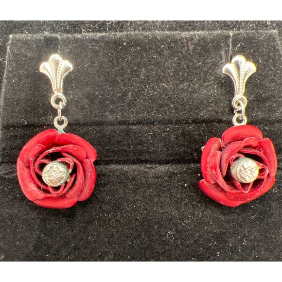 Handcrafted Red Rose Drop Earrings With Silver Accents & Clip-On Backs - Picture 3 of 7